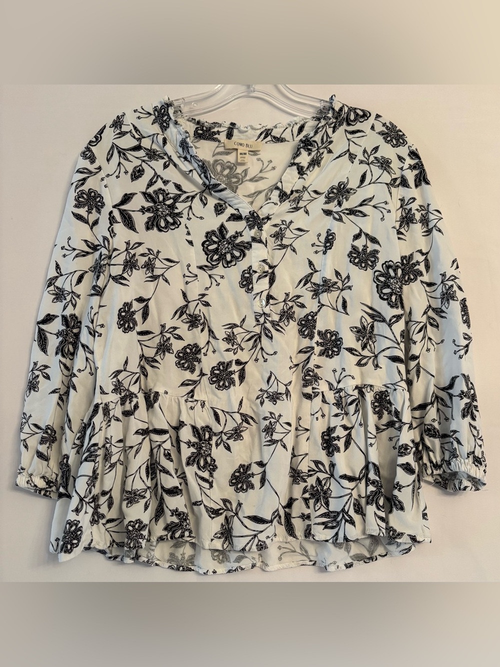 Boho Floral Cottagecore Peplum Button Henley Blouse